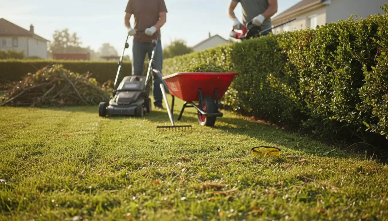 En person set bagfra trimmer en lang hæk og slår en lille græsplæne i varmt morgenlys.