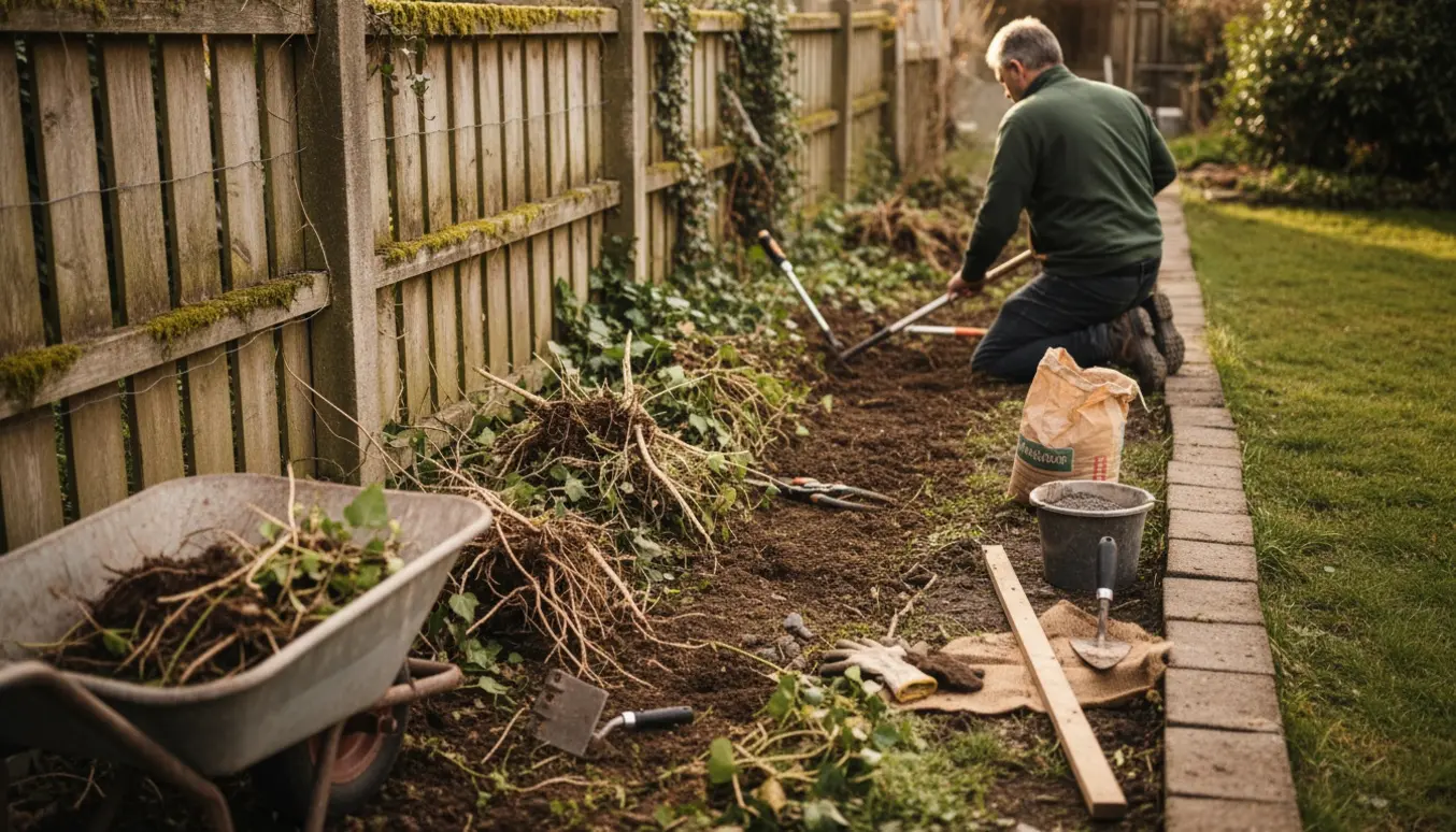 Nærbillede af fjernelse af dybe rødder og ukrudt i et smalt bælte langs et hegn med værktøj og bunke af trukne planter.