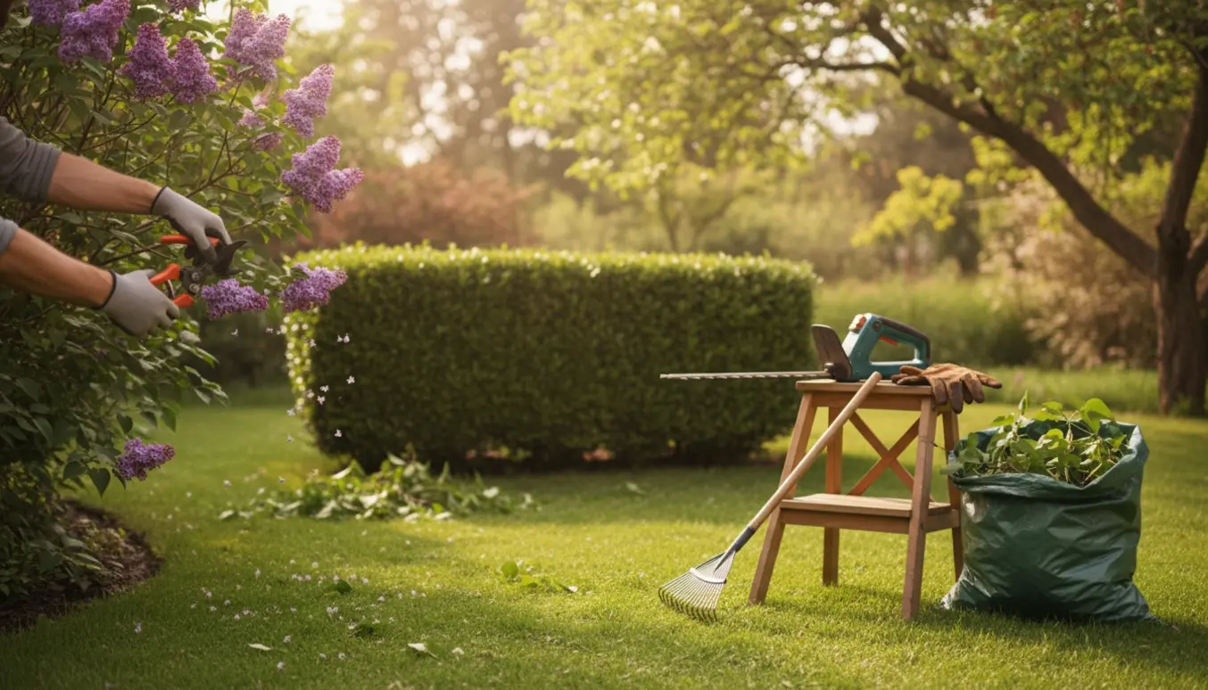 Person trimmer hæk og beskærer en syrénbusk med sakse og hækkeklipper i en solrig have.
