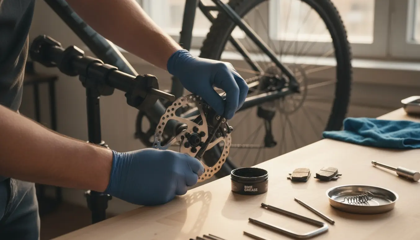 Hænder skifter bremseklodser og smører dele på en Cube Analog-lignende mountainbike i et værksted.