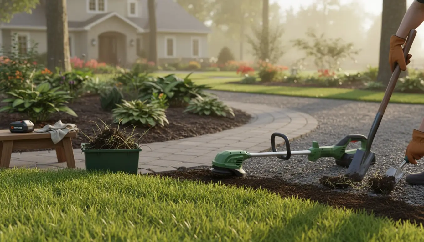 Batteridrevet buskrydder og kantbeskæringsspade ved en nyopryddet plænekant og en spand med fjernet ukrudt.