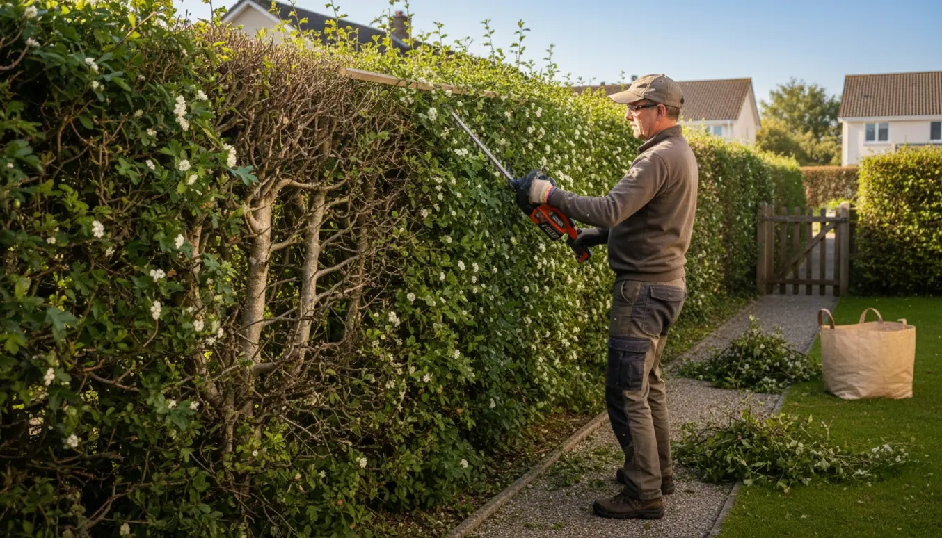 Person trimmer en tæt tjørnehæk til en jævn lav højde med en hækkeklipper, og klipp ligger samlet i en bunke ved siden af.