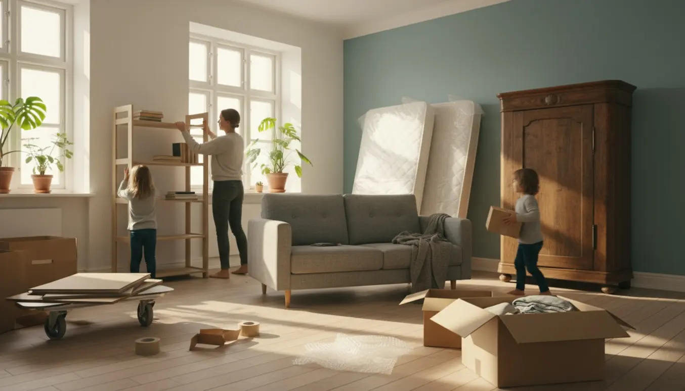 En enlig mor og to børn pakker ud og møblerer et solfyldt lejlighedrum med flyttekasser, sofa, reoler og et karlekammerskab.