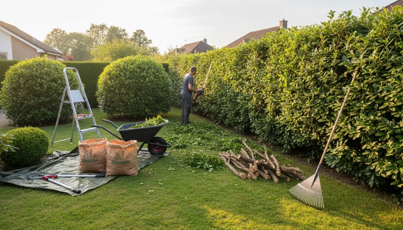 Person trimmer en skulderhøj hæk på en hjørnegrund, med to større buske og en lille busk og opsamlede afklip i en trillebør.