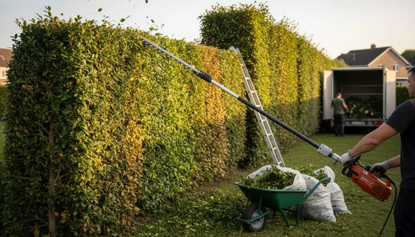 Beskæring af blandet hæk med en lang hækkeklipper, trillebør med afklip og bundter klar til bortkørsel.