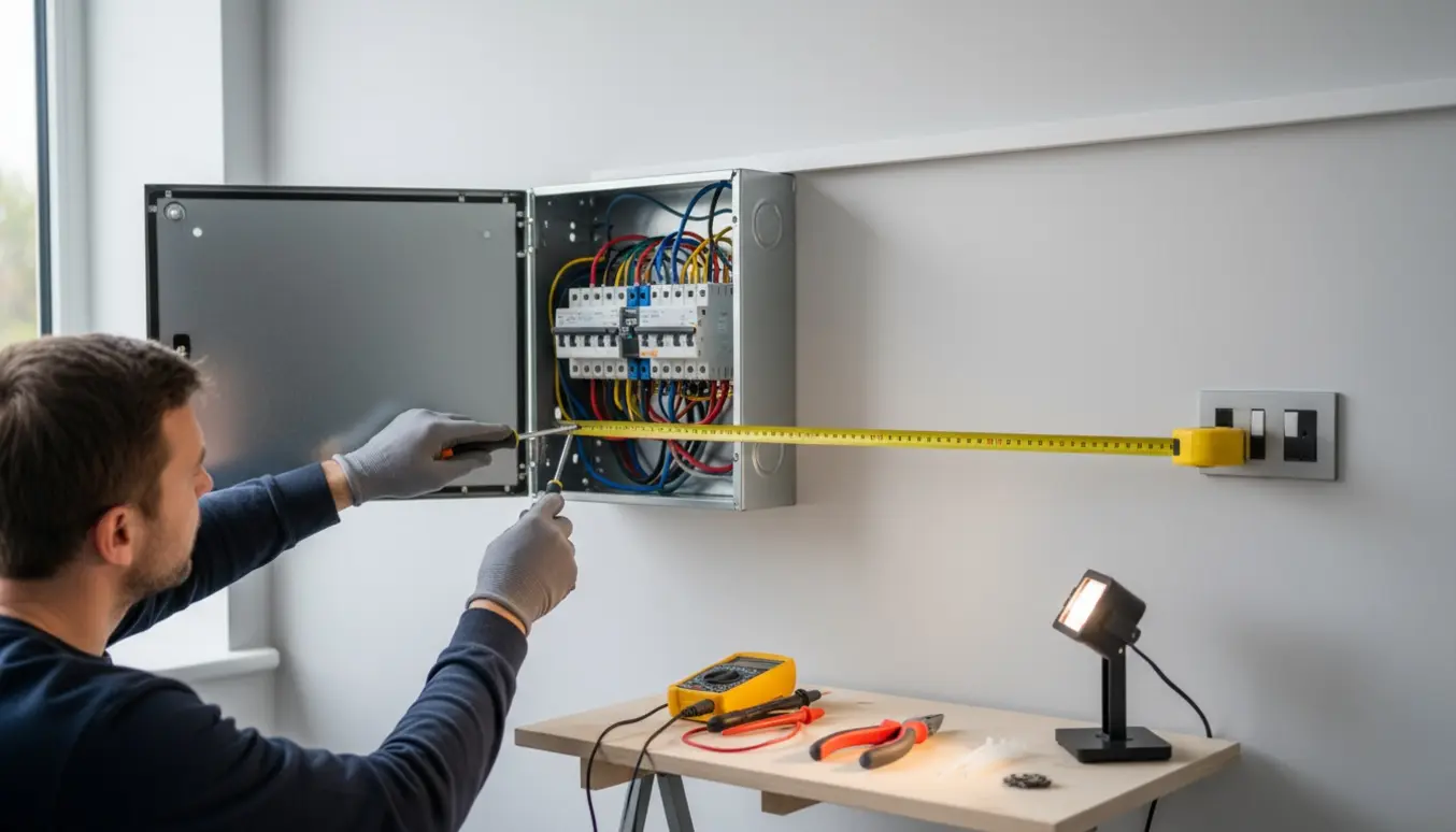 En elektriker skifter eltavle med åbent skab og en ny stikkontakt forbundet via kabelkanal.