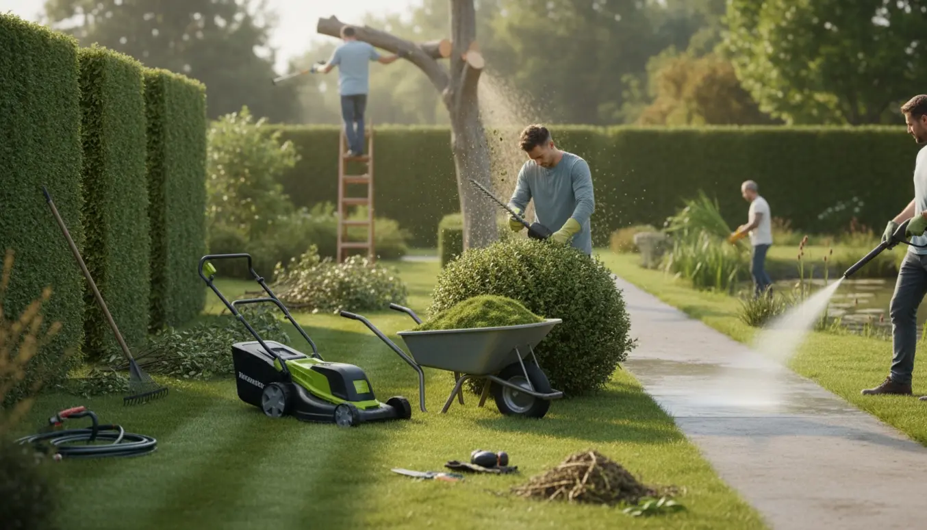 En gartner trimmer hække, rydder ukrudt, vasker fortov med højtryksrenser og slår græs i en velplejet have.
