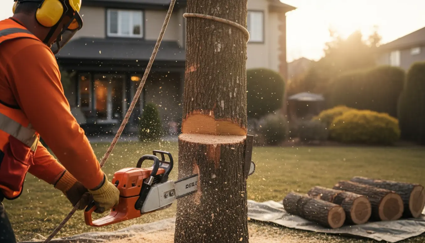 Motorsav skærer træ i en have, med sikkerhedsudstyr og savflis i luften.