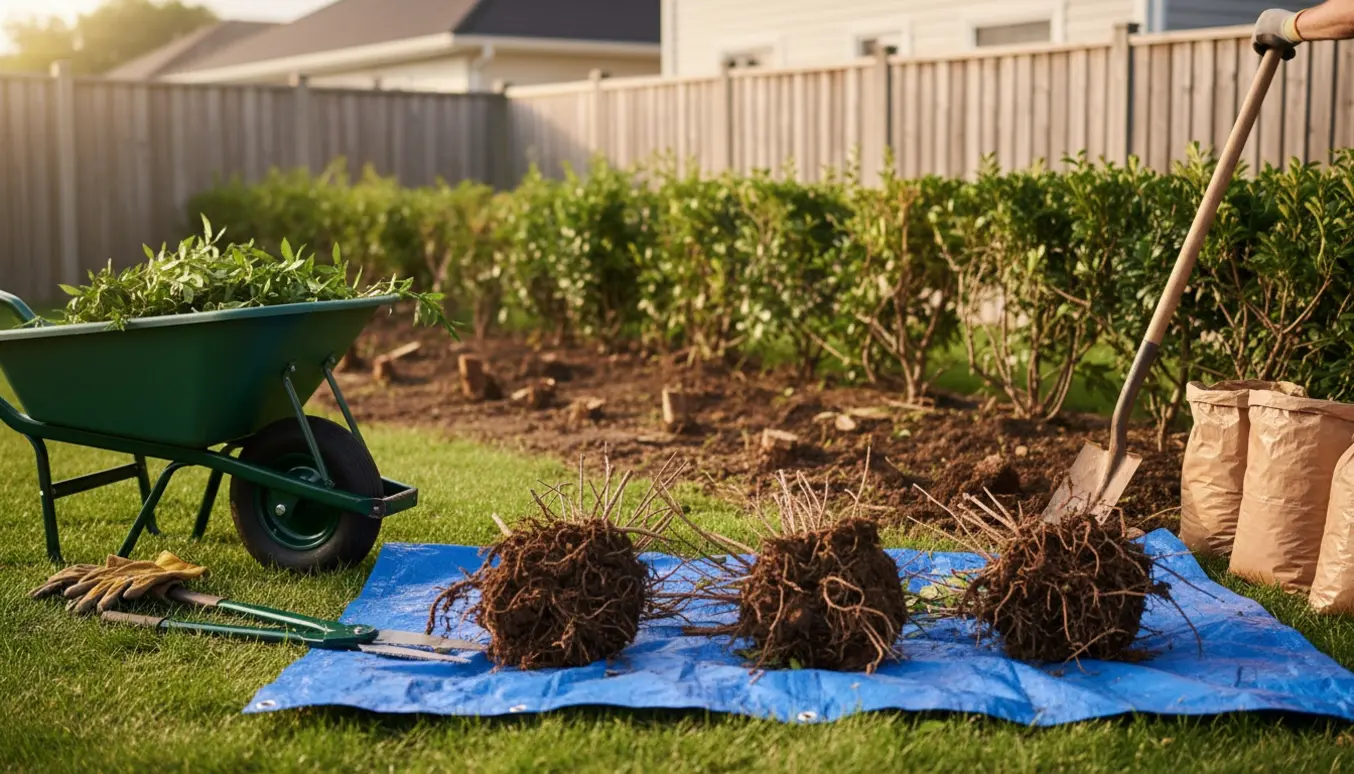 Tre opgravede buske og et fjernet stykke hæk samlet på trillebør og presenning i en forhave.