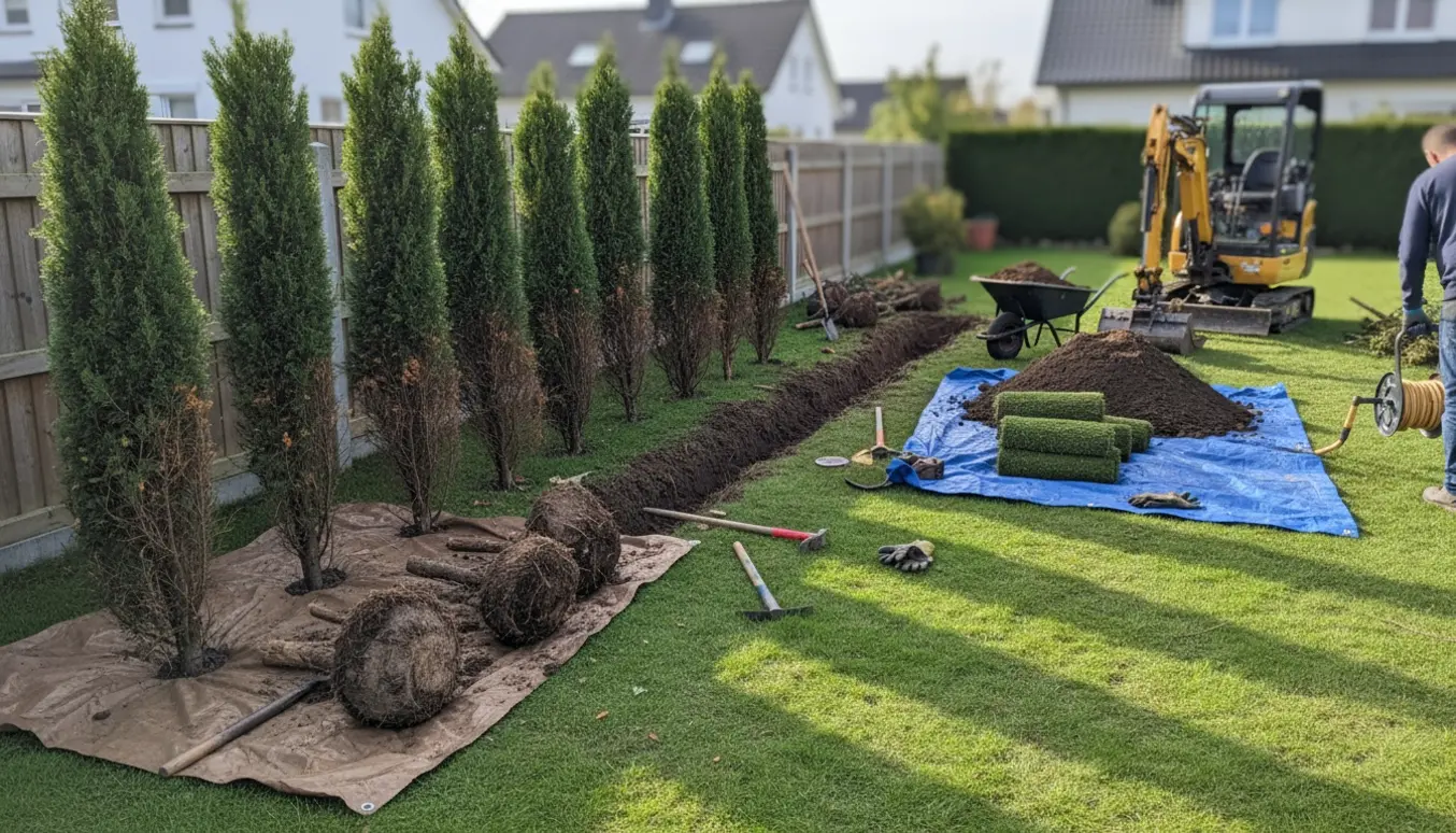 Fældning og rodudtrækning af seks enebær ved skel med en frisk grave rende klar til bøgehæk, ruller af græstørv og opfyldt jord på græsset.