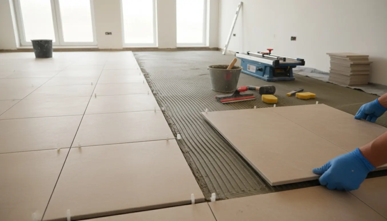 Hænder lægger store porcelænsgulvfliser i et lyst åbent rum med værktøj og mørtelbøtte i baggrunden.
