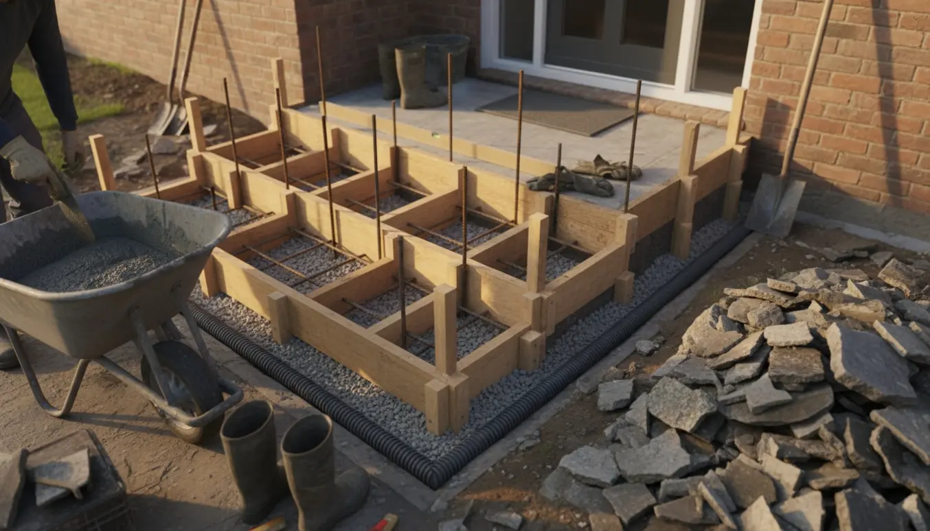 Betontrappe under opbygning foran hoveddør med forskalling, armering og frisk beton.