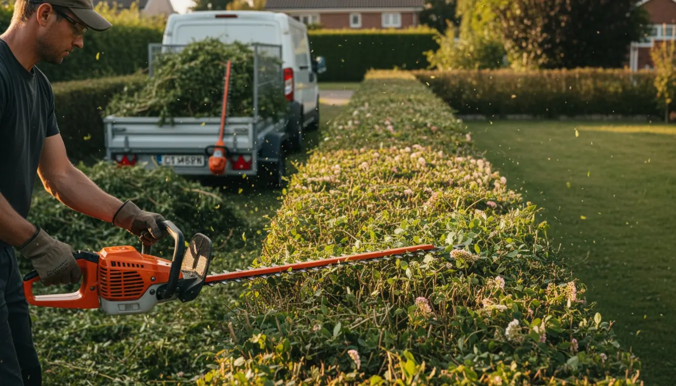 En person klipper toppen af en spiræa-hæk med en trailer fyldt haveaffald i baggrunden.