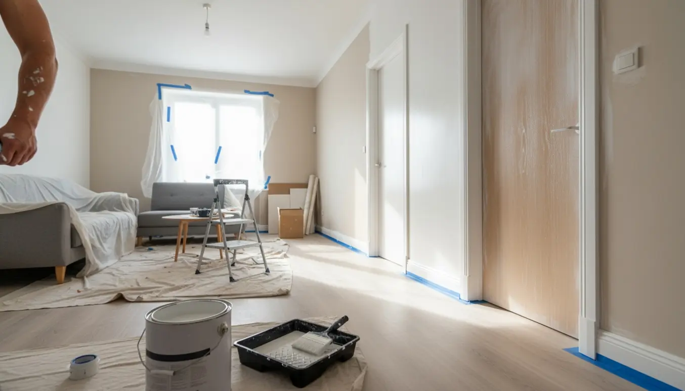 Lejlighed under maling med hvide vægge og døre, malerrulle, malerbøtte og afdækning synligt.