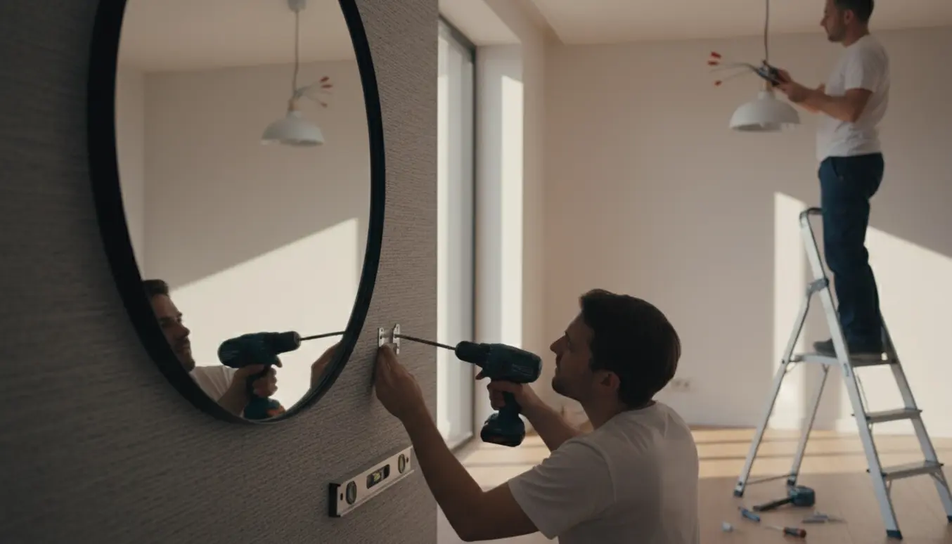 Nærbillede af montering af spejl på akustikpanel med værktøj, mens en loftslampe installeres fra en stige.