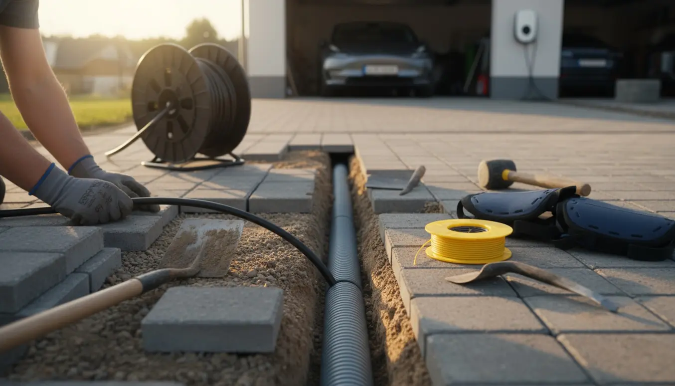 Hænder fører et elbilkabel gennem et beskyttende rør i en smal rende under fliser på en indkørsel.