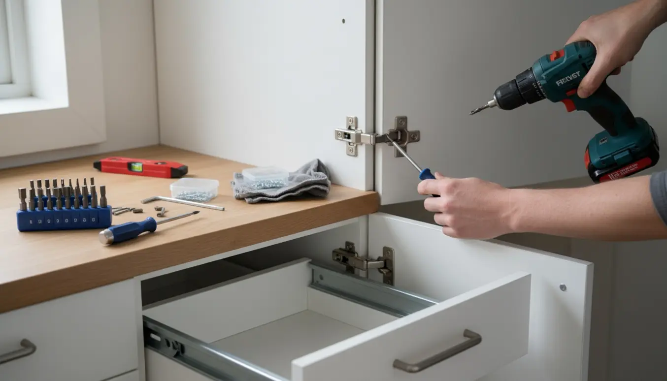 Nærbillede af hænder, der justerer låger og genmonterer skuffefronter i et Invita-inspireret køkken.