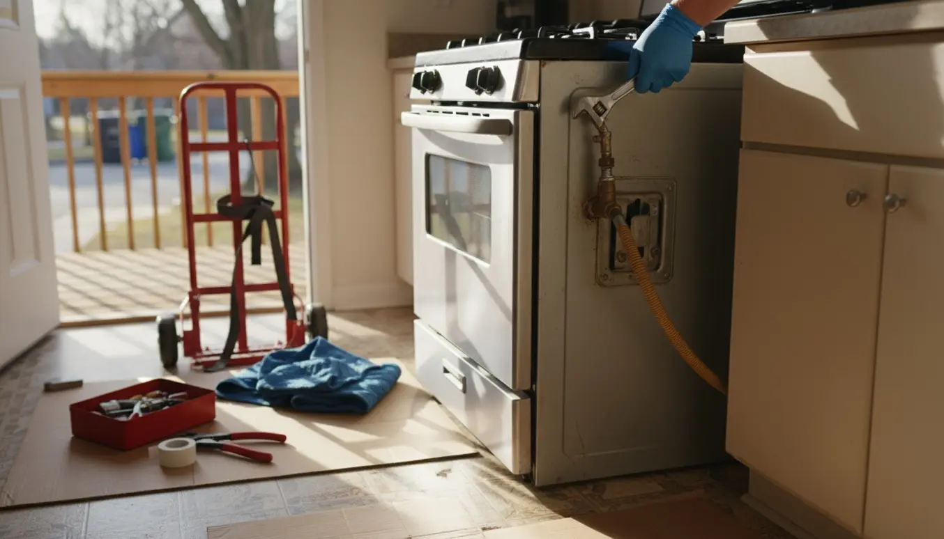 Hænder i handsker afmonterer en gasledning fra et fritstående komfur i et køkken, klar til bortskaffelse.