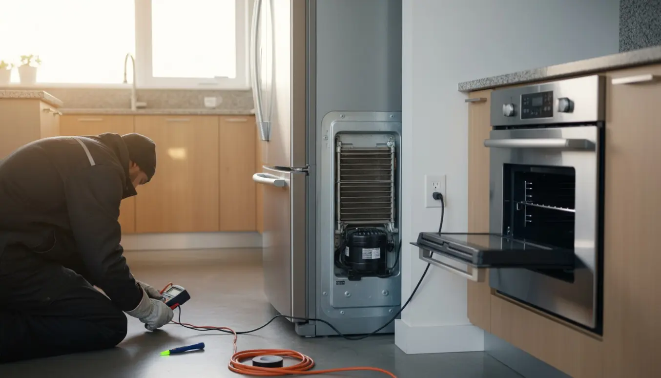 Elektriker tjekker stikkontakt bag et skubbet køleskab i et moderne køkken med multimeter og værktøj.