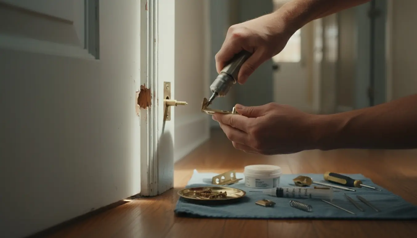 Nærbillede af hænder, der sætter en indsats i et udslidt skruehul ved et dørhåndtag.