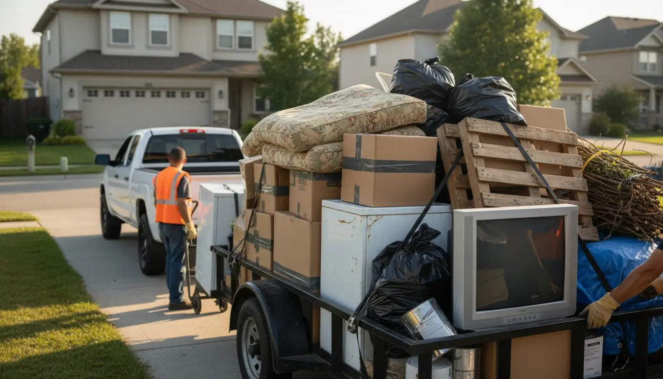 Trailer på indkørsel fyldt med blandet affald og haveaffald, mens arbejdshandsker sikrer læsset.
