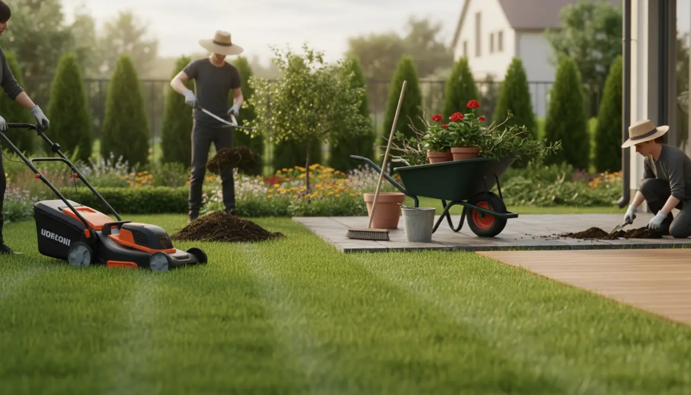 Blandet havearbejde i en solrig have med slået græs, beskårne buske, ryddet terrasse og haveredskaber.