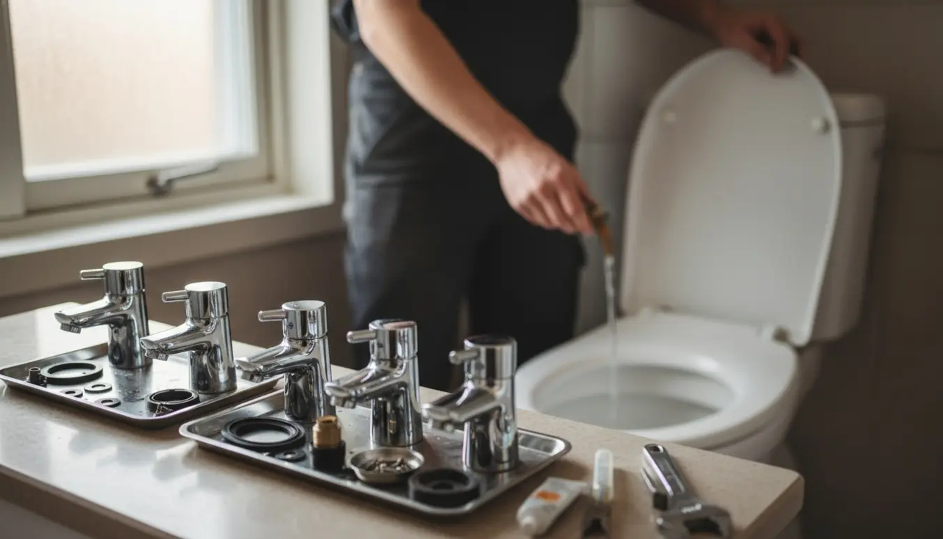 Hænder skifter pakninger i et løbende gæstetoilet med værktøj og reservedele på badeværelsesbordet.