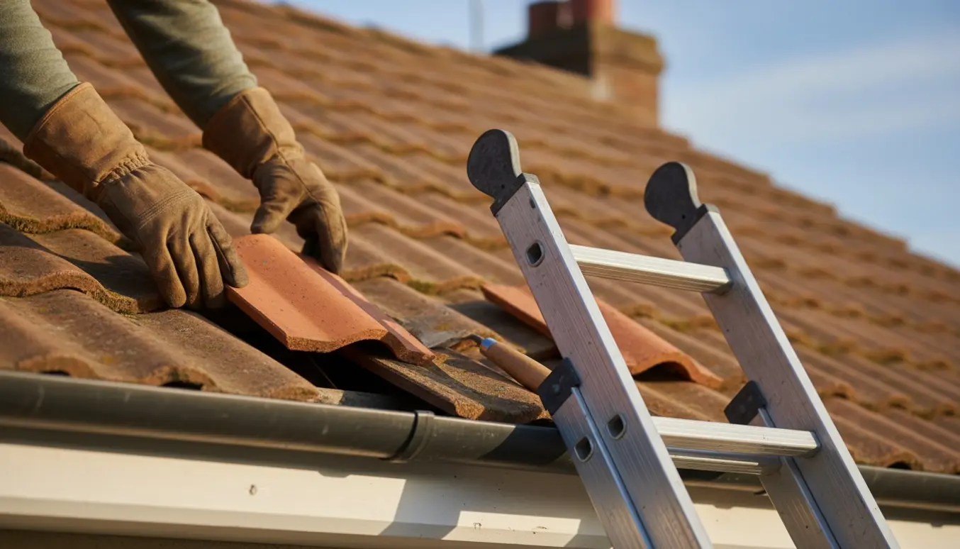 Nærbillede af handsker, der sætter en terracotta tagsten på plads i tagets nederste venstre hjørne.