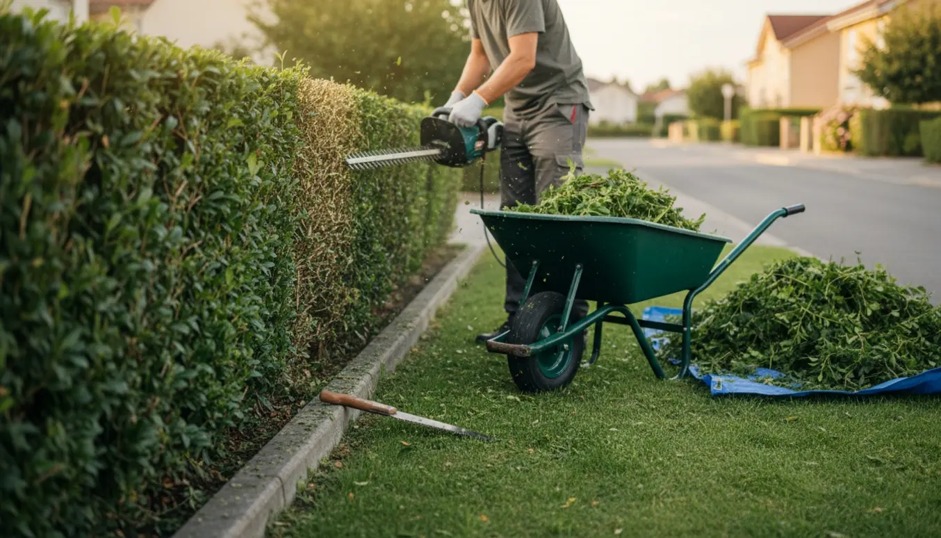Nærbillede af beskæring af en hæk ved en lille villavej med værktøj og afklippede grene.
