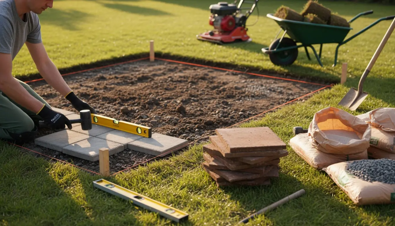 Have med opgravet græs, stablede 30x30 cm fliser og værktøj klar til at anlægge en terrasse.