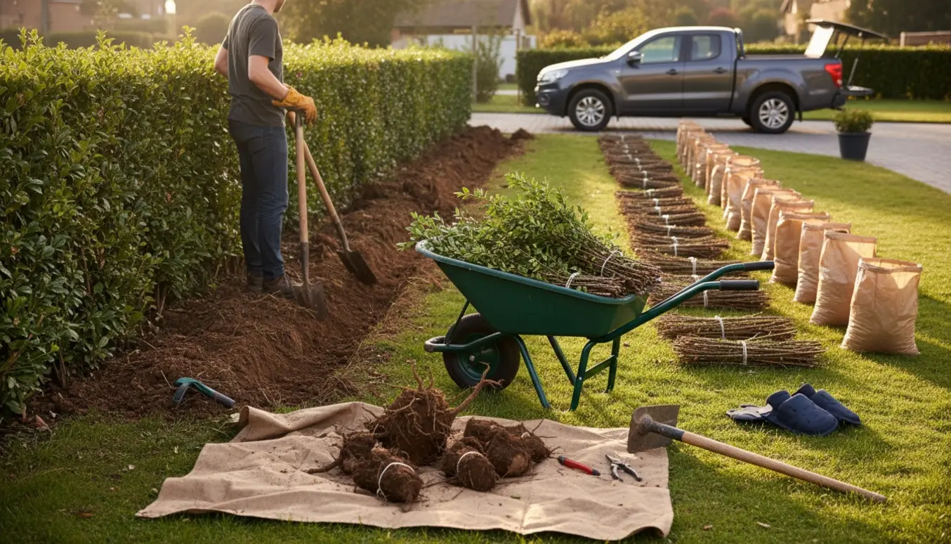 Arbejdere fjerner en ligusterhæk, med opgravede rødder, bundter af grene og en trillebør klar til bortskaffelse.