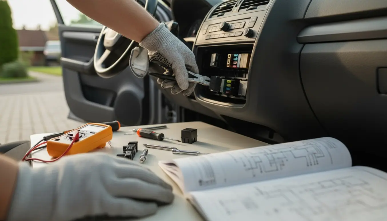 Nærbillede af hænder, der fjerner et blinkrelais fra sikringsboksen i en Skoda Fabia, med multimeter og reservedel ved siden af.