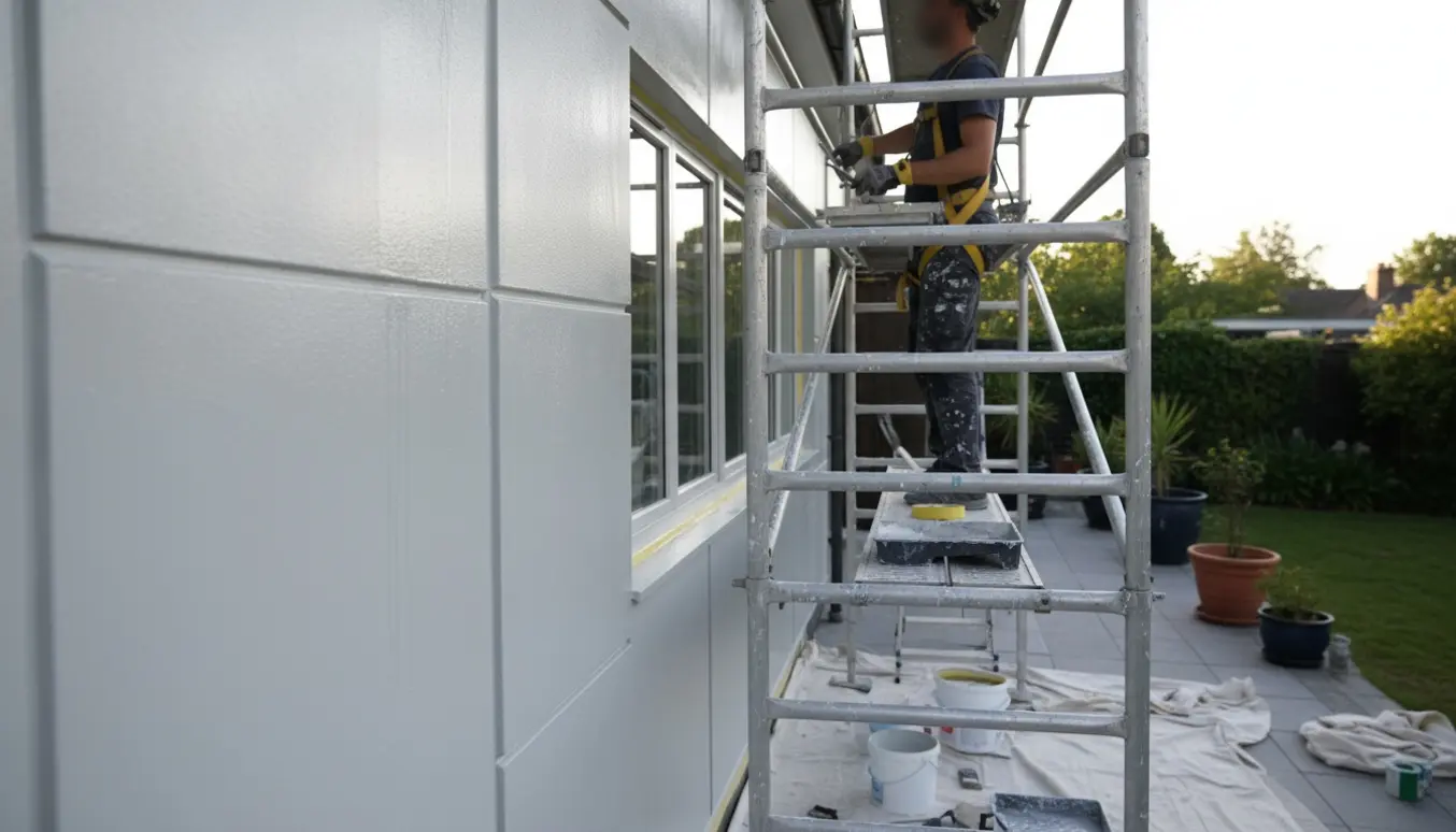 En arbejder maler udvendig pudset væg på en udestue fra stillads, med malerværktøj i forgrunden.