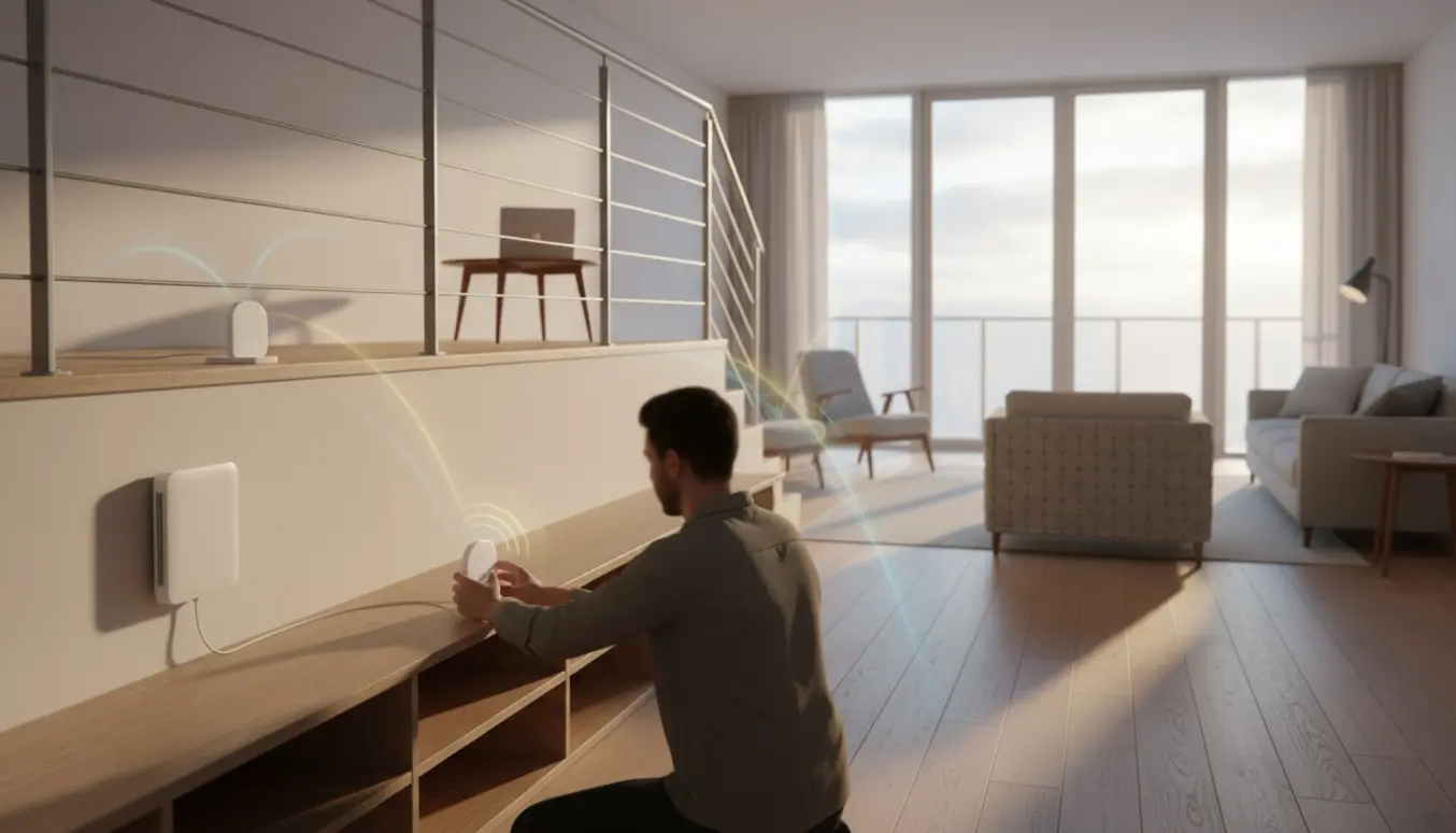 To-etagers lejlighed med en person, der placerer trådløse mesh-enheder og et vægmonteret fibermodem.