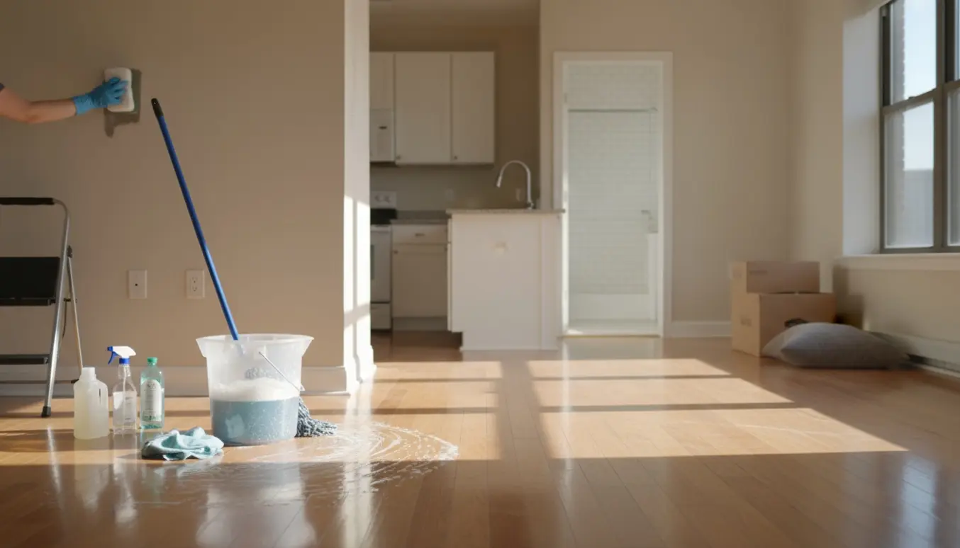 Rengøringshandsker vasker vægge og gulv i en næsten tom lejlighed ved udflytning.