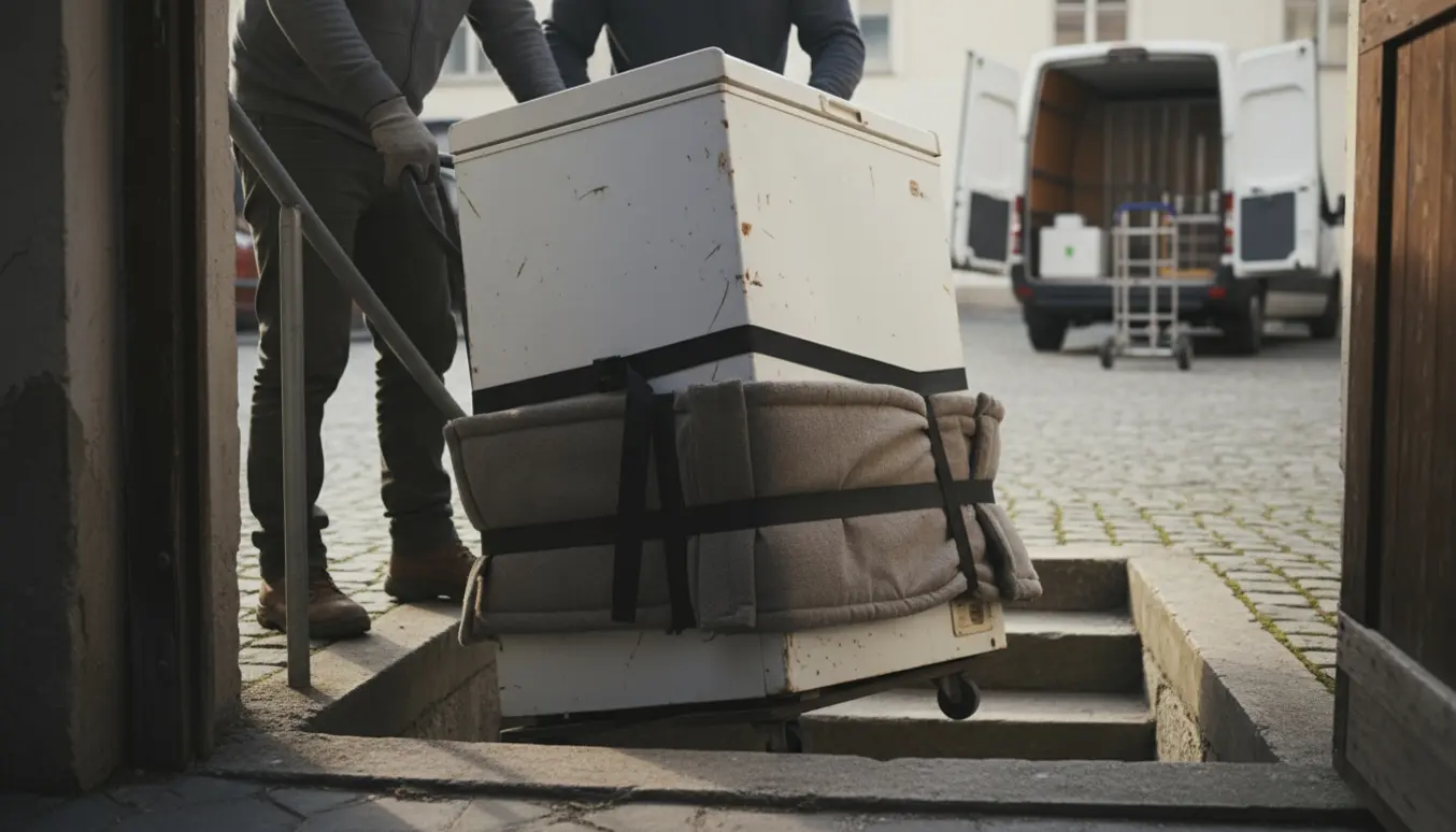 Et gammelt kummefryseskab bæres op fra en kælder mod en varevogn på gårdspladsen.