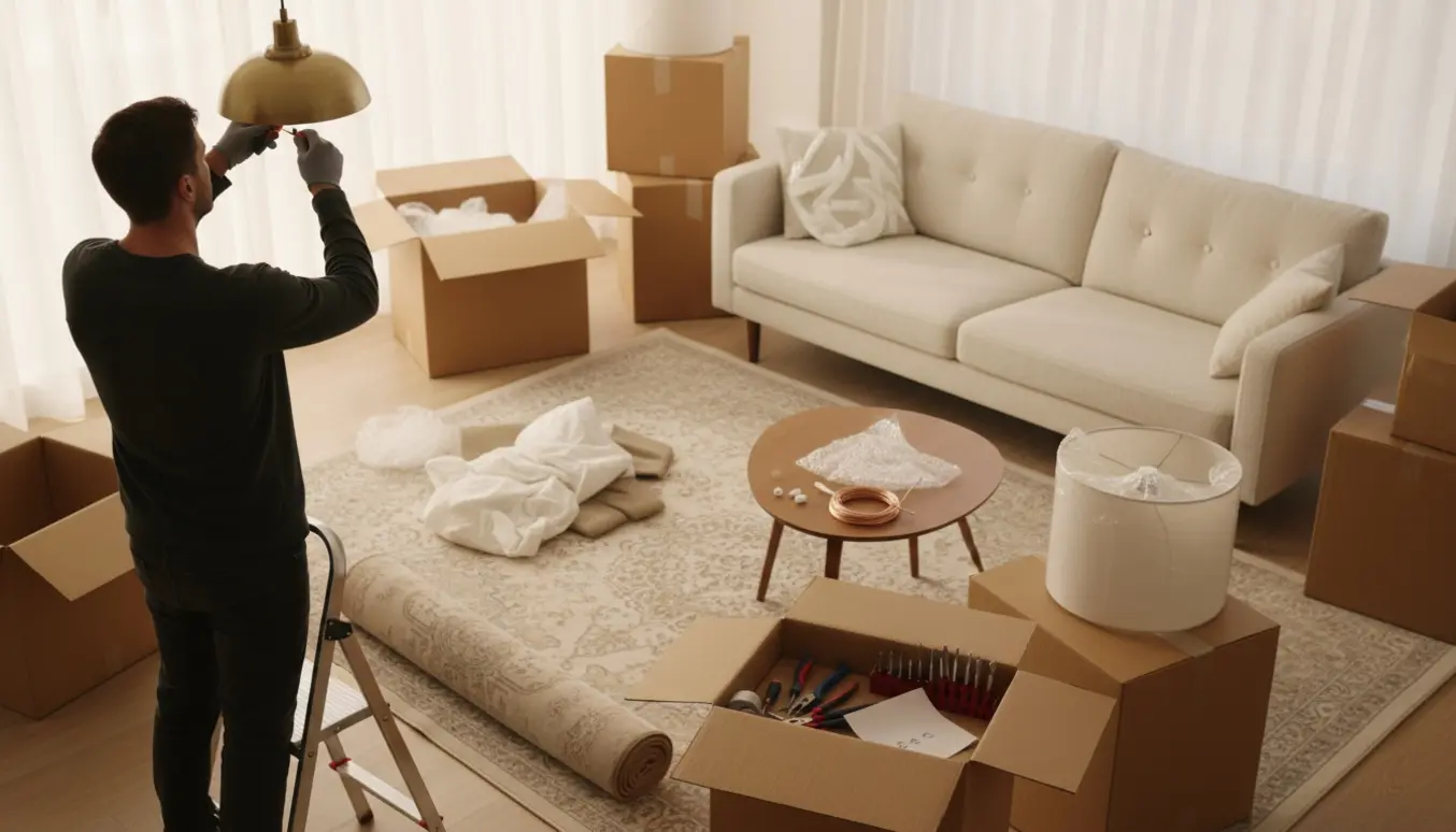 Hænder monterer en lampe i en nymalet stue omgivet af åbne flyttekasser.