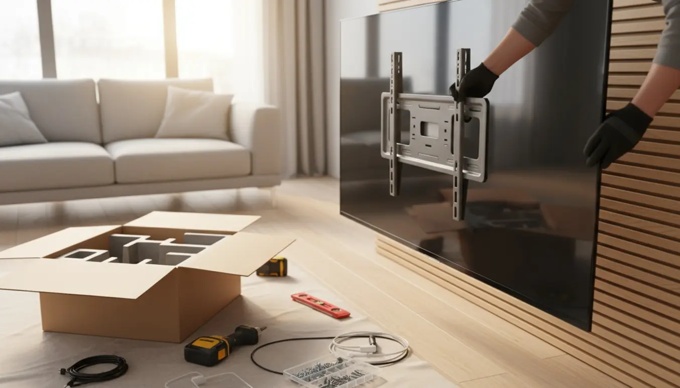 En tekniker monterer et nyt stort fladskærms-tv på en stuevæg med værktøj og emballage omkring.