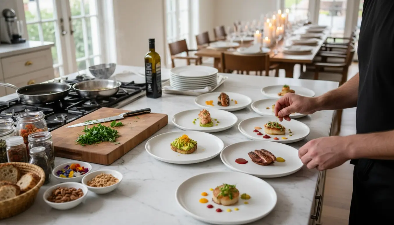 Privat kok anretter flere små retter i et moderne køkken foran et bord dækket til 13 personer.