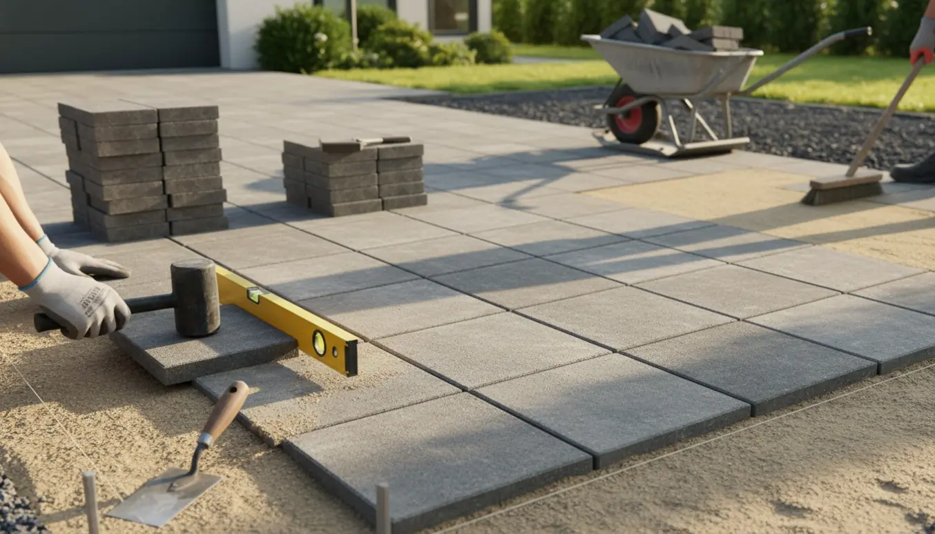 Indkørsel under anlæg med 30x30- og 40x40-fliser, værktøj og håndværkers hænder i fokus.