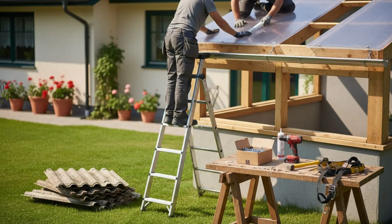 Håndværkere skifter tag på en lille udestue med nye gennemsigtige plader.