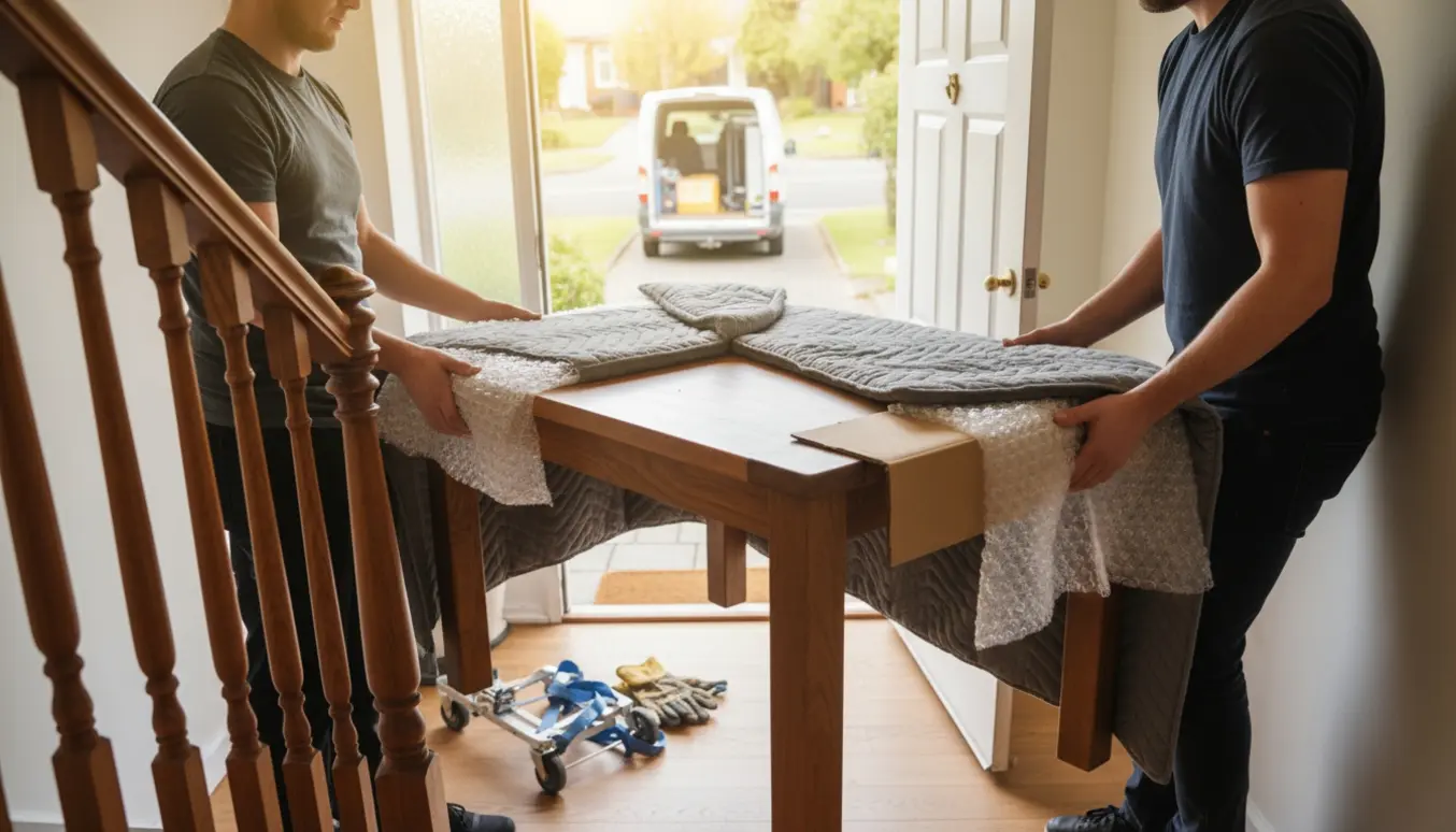 To personer bærer et rektangulært træspisebord op ad en trappe til 2. sal med varevogn og flyttetæpper i baggrunden.