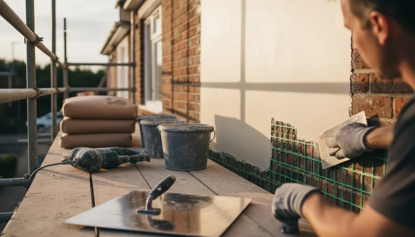 En murer glatter ny facadepuds på en murstensfacade fra stillads med værktøj og armeringsnet synligt.
