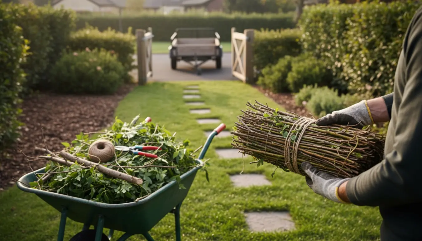 Nogle bærer et bundt nysavede grene gennem en have mod indkørslen med en trillebør ved siden af.