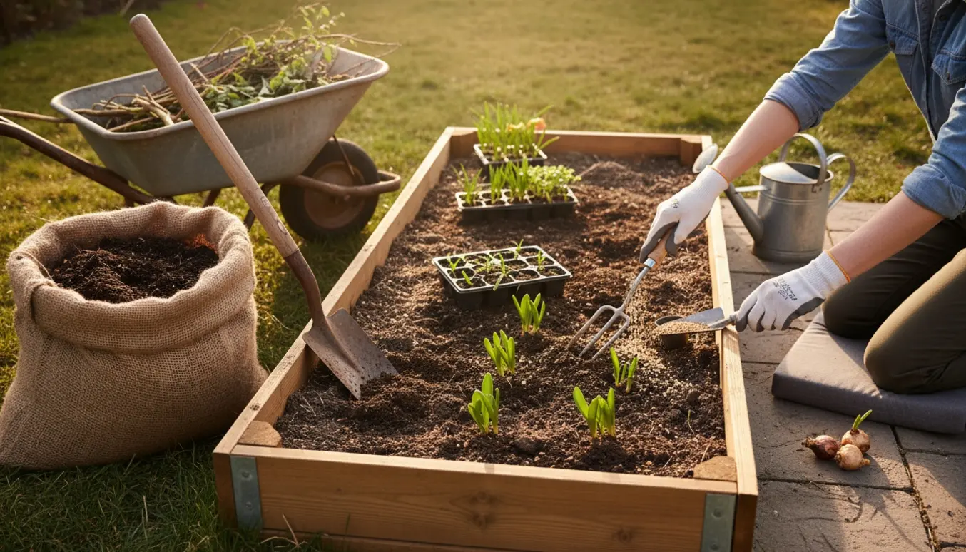 Glævende hænder forbereder en forårsbede ved at løsne jord og gøde unge planter.