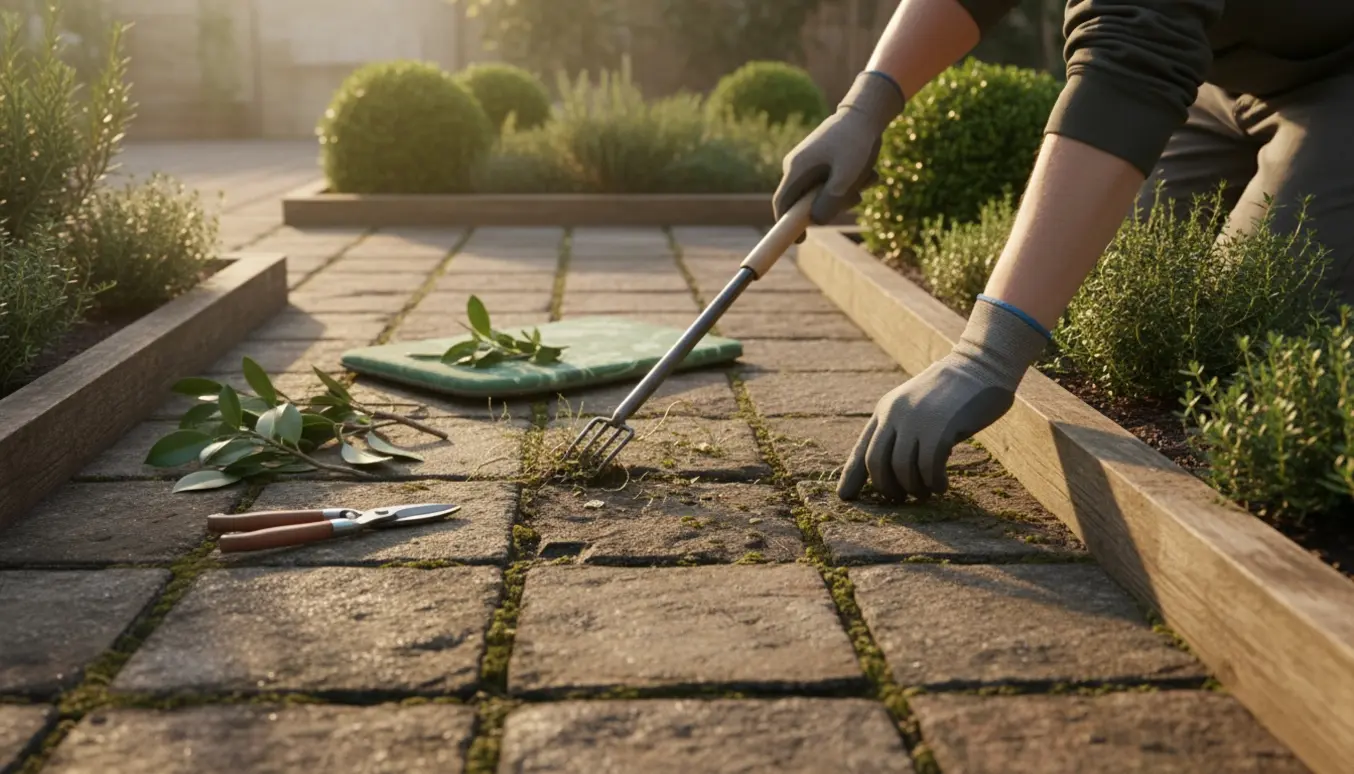 Nærbillede af hænder, der fjerner ukrudt mellem fliser i en lille have med beskårede buske og haveredskaber.