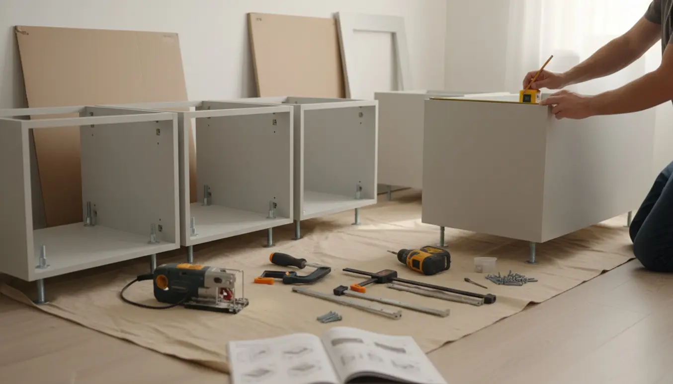 Montering af et lille IKEA-køkken med åbne elementer, skruefødder og værktøj på en lys beskyttet gulv.