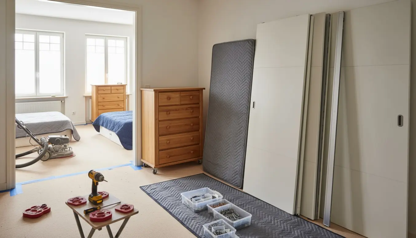 Delvist adskilt IKEA-garderobe, seng og kommode flyttet rundt i hjemmet med gulvslibemaskine i entréen.