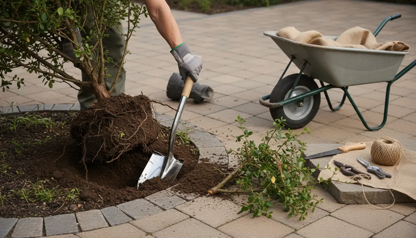 En person graver en tornebusk op ved en terrasse med spade, beskærersaks og trillebør i nærheden.