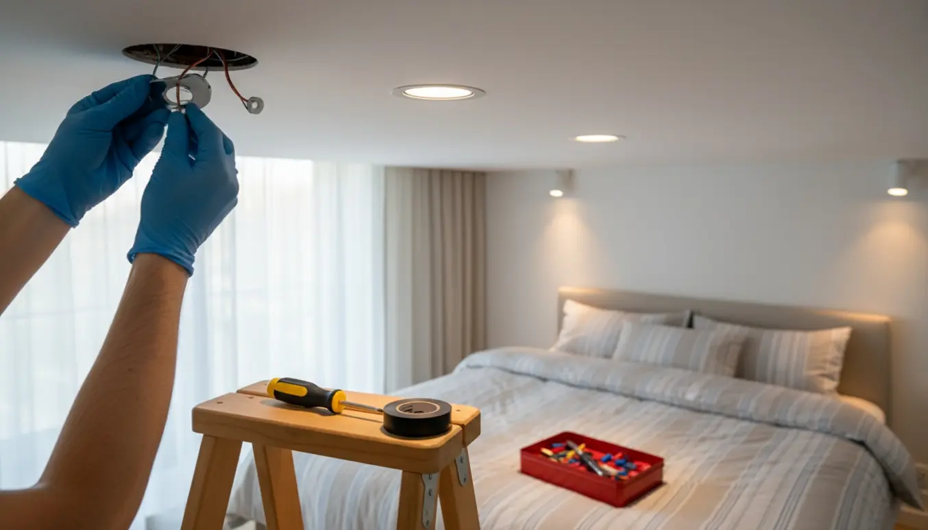 Hænder installerer to halogenspot i loftet i et hyggeligt soveværelse.